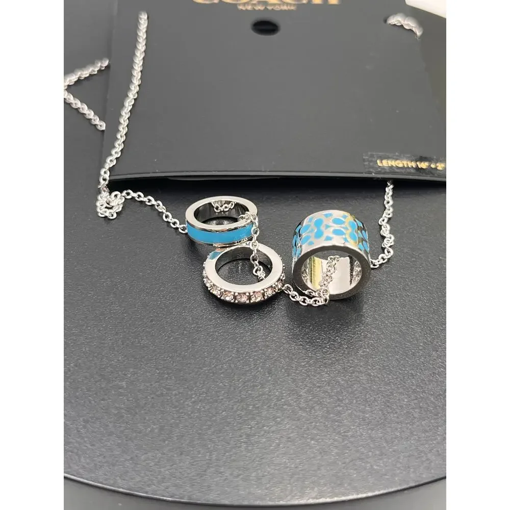Coach Signature Black Enamel Crystal Rondell‎ Charm Silver Tone Necklace C1905